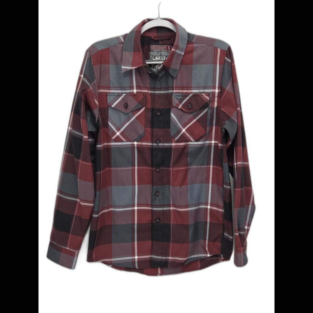 Dixxon Brick City Flannel Button Shirt Mens Small Red Gray Black Plaid D-Tech